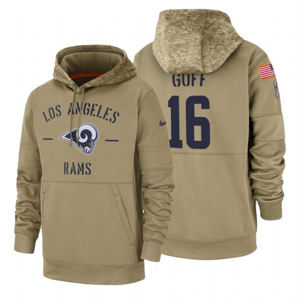 Premium Los Angeles Rams #16 Jared Goff Tan 2019 Salute To Service Name & Number Sideline Therma Pullover Hoodie Act fast Only a few left Secure your Rams apparel today