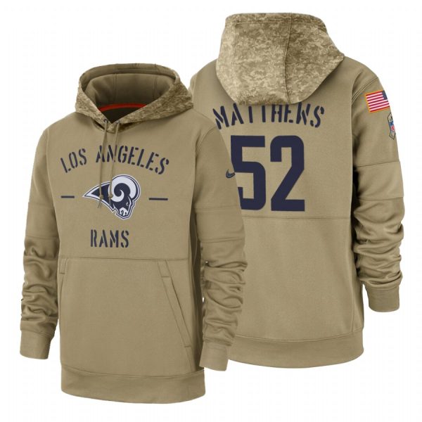 Stunning Los Angeles Rams #52 Clay Matthews Tan 2019 Salute To Service Name & Number Sideline Therma Pullover Hoodie Act fast Only a few left Secure your Rams apparel today