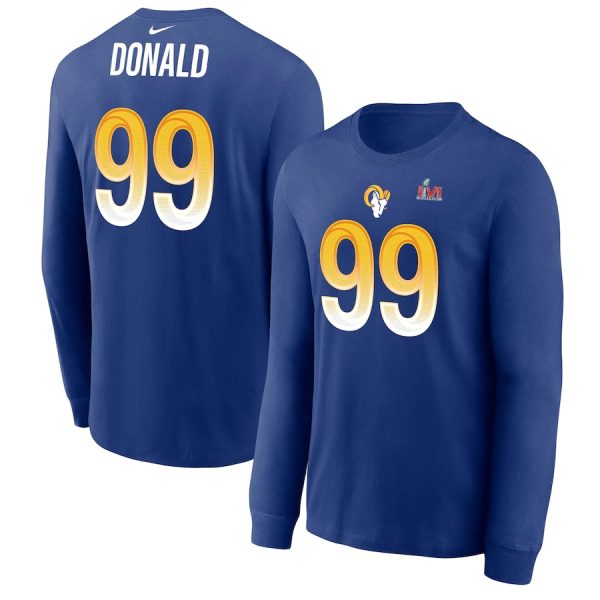 Exceptional Los Angeles Rams #99 Aaron Donald Royal Men's Super Bowl LVI Bound Name & Number Long Sleeve T Shirt Hurry Exclusive offer Place your order for Rams gear immediately