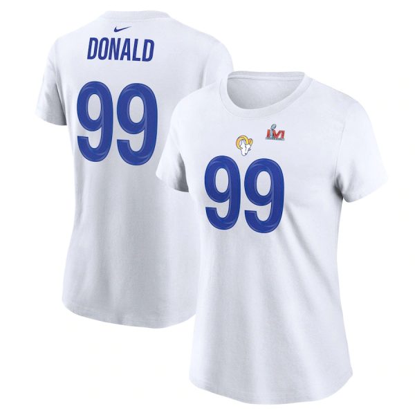 Premium Los Angeles Rams #99 Aaron Donald White Women's Super Bowl LVI Bound Name & Number T Shirt Sports fans this is your chance Order soon to support the Rams