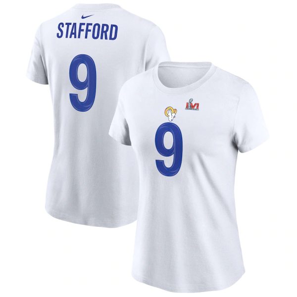 Gorgeous Los Angeles Rams #9 Matthew Stafford White Women's Super Bowl LVI Bound Name & Number T Shirt Retailers boost your inventory Order these popular Rams products