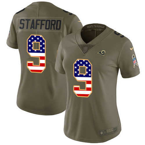 Fantastic Los Angeles Rams #9 Matthew Stafford Olive/USA Flag Women's Stitched NFL Limited 2017 Salute to Service Jersey Collectors this is a must have Add this Rams item to your collection