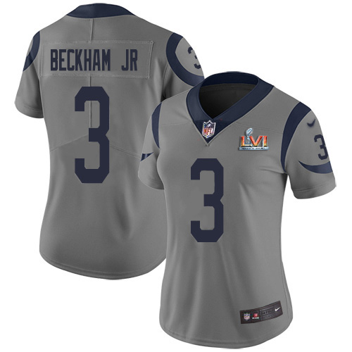 Outstanding Rams #3 Odell Beckham Jr. Gray Super Bowl LVI Patch Women's Stitched NFL Limited Inverted Legend Jersey Retailers boost your inventory Order these popular Rams products