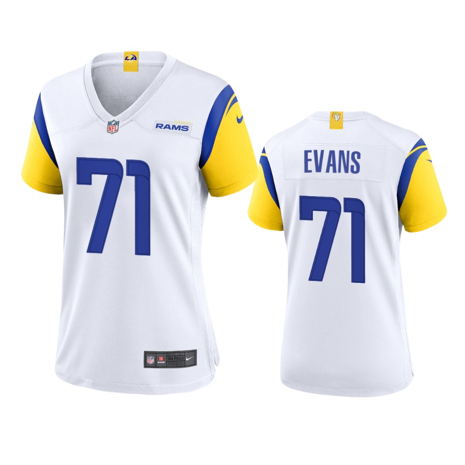 Stunning Los Angeles Rams #71 Bobby Evans Women's Alternate Game NFL Jersey White Collectors this is a must have Add this Rams item to your collection