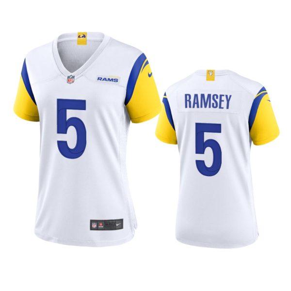 HighQuality Los Angeles Rams #5 Jalen Ramsey Women's Alternate Game NFL Jersey White Collectors this is a must have Add this Rams item to your collection