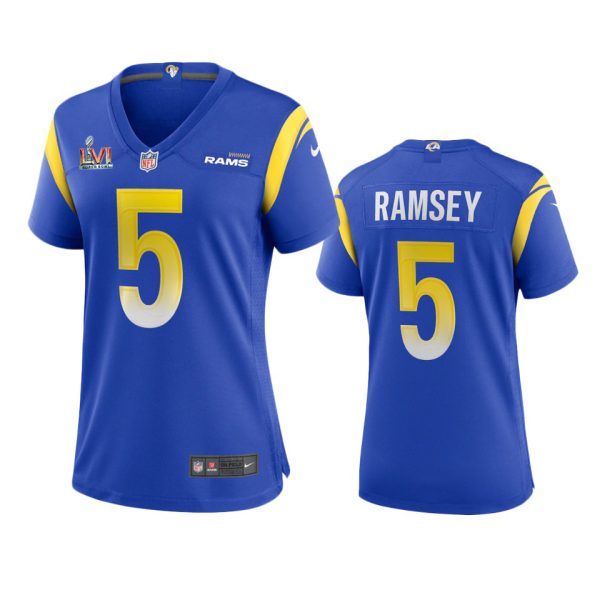 Gorgeous Los Angeles Rams #5 Jalen Ramsey Women's Super Bowl LVI Patch Game NFL Jersey Royal Collectors this is a must have Add this Rams item to your collection