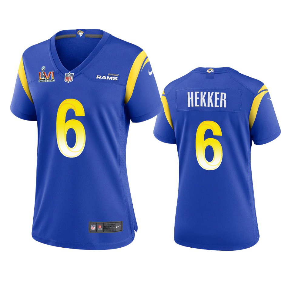 Delightful Los Angeles Rams #6 Johnny Hekker Women's Super Bowl LVI Patch Game NFL Jersey Royal Collectors this is a must have Add this Rams item to your collection