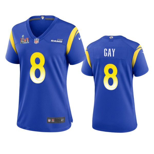 Delightful Los Angeles Rams #8 Matt Gay Women's Super Bowl LVI Patch Game NFL Jersey Royal Limited stock Order now to show your love for the Rams