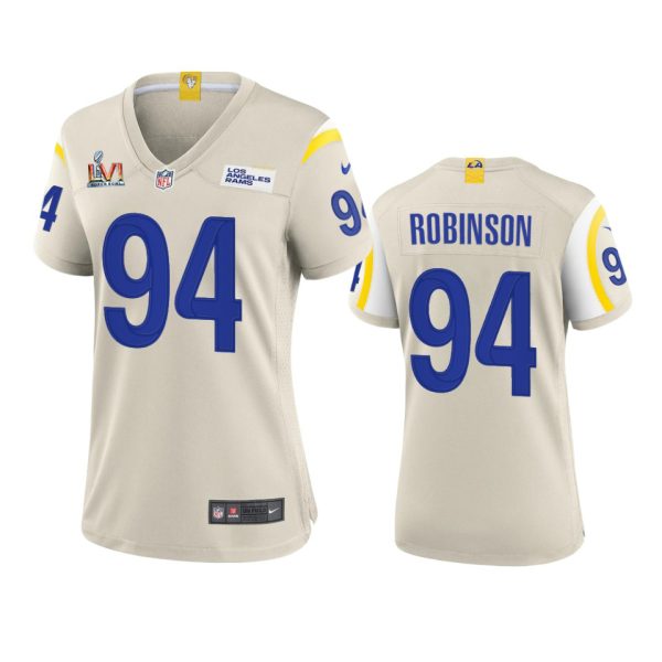 Delightful Los Angeles Rams #94 A'Shawn Robinson Women's Super Bowl LVI Patch Game NFL Jersey Bone Collectors this is a must have Add this Rams item to your collection