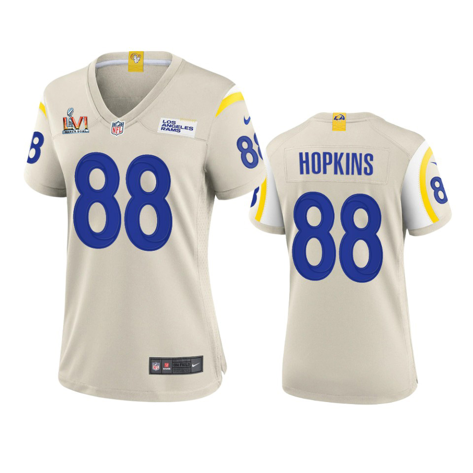 Premium Los Angeles Rams #88 Brycen Hopkins Women's Super Bowl LVI Patch Game NFL Jersey Bone Collectors this is a must have Add this Rams item to your collection