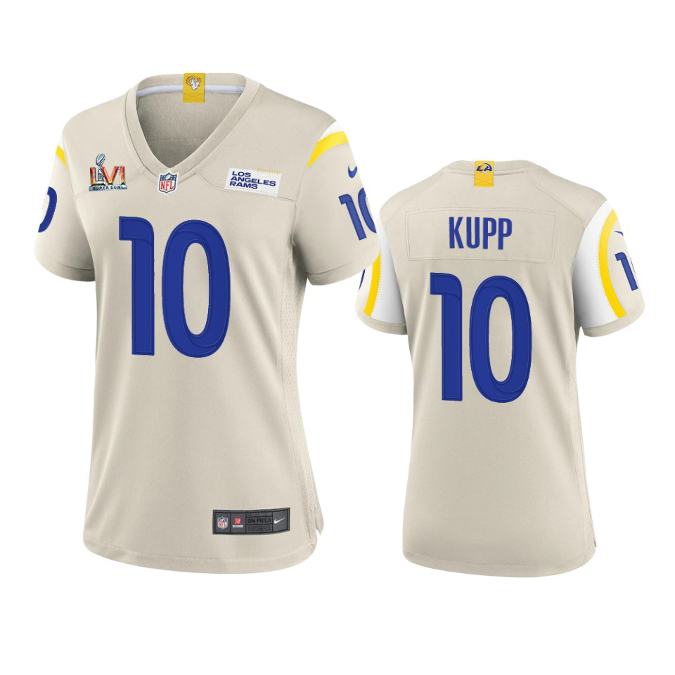 Gorgeous Los Angeles Rams #10 Cooper Kupp Women's Super Bowl LVI Patch Game NFL Jersey Bone For a short time available Don't miss your chance to own Rams clothing