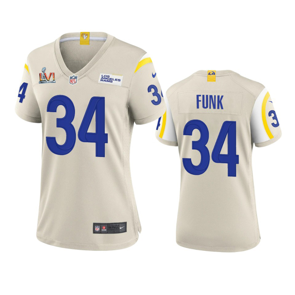 Delightful Los Angeles Rams #34 Jake Funk Women's Super Bowl LVI Patch Game NFL Jersey Bone Limited stock Order now to show your love for the Rams