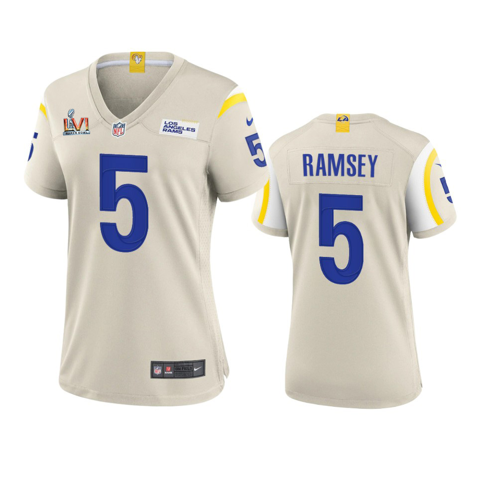 Amazing Los Angeles Rams #5 Jalen Ramsey Women's Super Bowl LVI Patch Game NFL Jersey Bone Limited stock Order now to show your love for the Rams