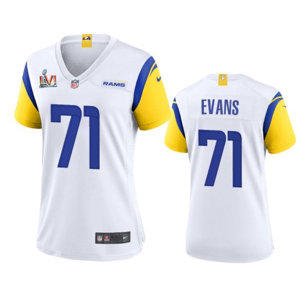 Stunning Los Angeles Rams #71 Bobby Evans Women's Super Bowl LVI Patch Alternate Game NFL Jersey White Collectors this is a must have Add this Rams item to your collection