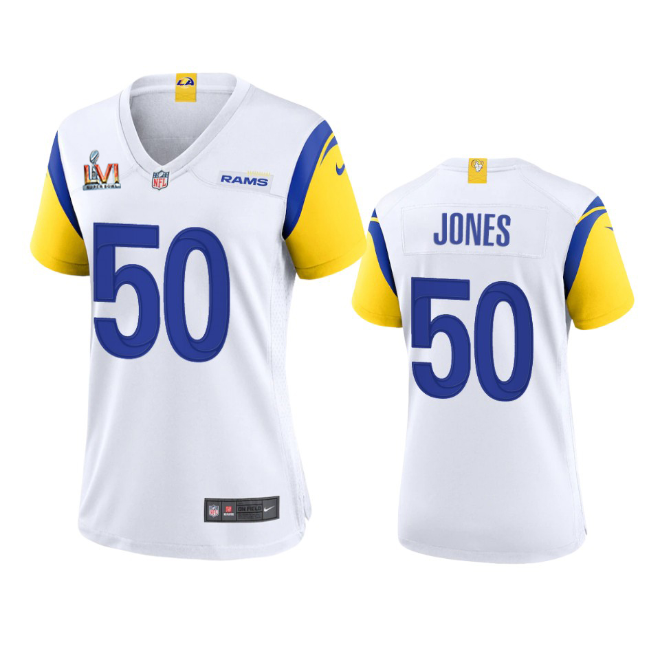 Stunning Los Angeles Rams #50 Ernest Jones Women's Super Bowl LVI Patch Alternate Game NFL Jersey White Sports fans this is your chance Order soon to support the Rams