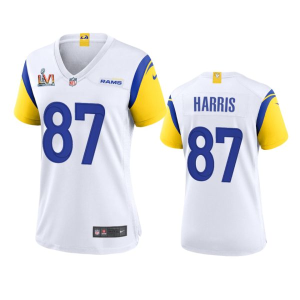 Premium Los Angeles Rams #87 Jacob Harris Women's Super Bowl LVI Patch Alternate Game NFL Jersey White Hurry Exclusive offer Place your order for Rams gear immediately
