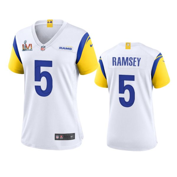 Gorgeous Los Angeles Rams #5 Jalen Ramsey Women's Super Bowl LVI Patch Alternate Game NFL Jersey White Hurry Exclusive offer Place your order for Rams gear immediately