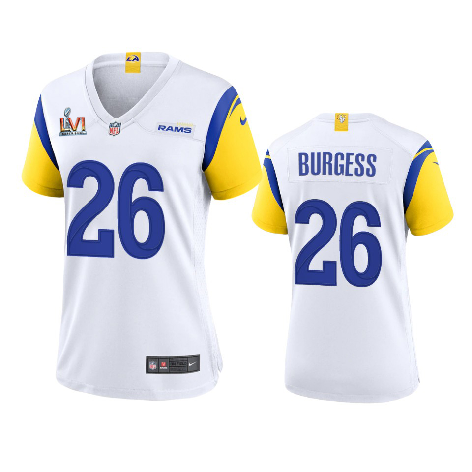 Exceptional Los Angeles Rams #26 Terrell Burgess Women's Super Bowl LVI Patch Alternate Game NFL Jersey White With high demand Order now to wear your Rams pride
