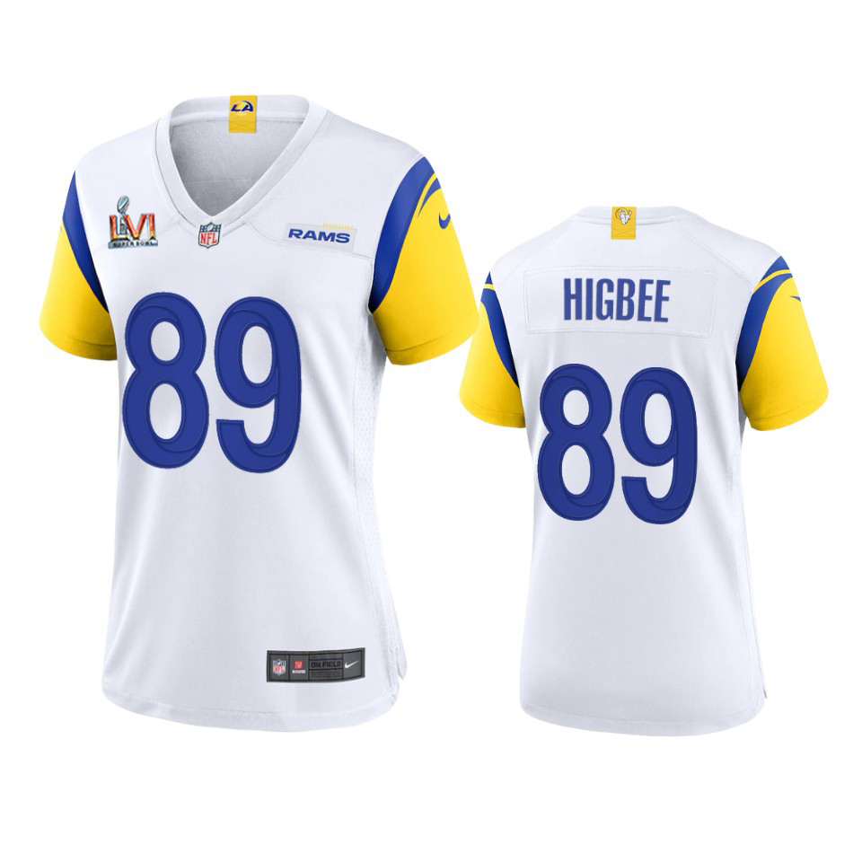 Premium Los Angeles Rams #89 Tyler Higbee Women's Super Bowl LVI Patch Alternate Game NFL Jersey White Hurry Exclusive offer Place your order for Rams gear immediately