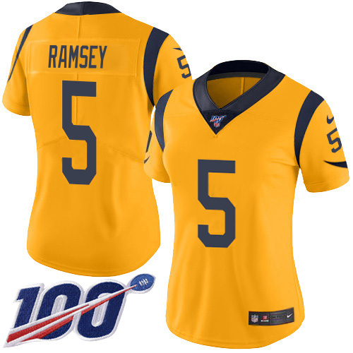Delightful Rams #5 Jalen Ramsey Gold Women's Stitched NFL Limited Rush 100th Season Jersey Act fast Only a few left Secure your Rams apparel today