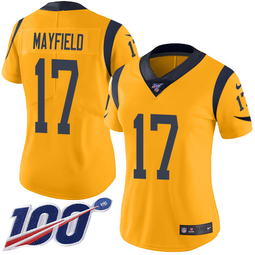 Exceptional Rams #17 Baker Mayfield Gold Women's Stitched NFL Limited Rush 100th Season Jersey Hurry Exclusive offer Place your order for Rams gear immediately