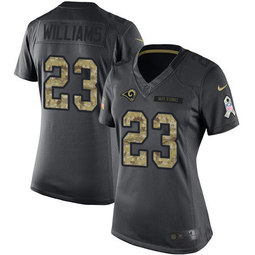 HighQuality Rams #23 Kyren Williams Black Women's Stitched NFL Limited 2016 Salute to Service Jersey With high demand Order now to wear your Rams pride