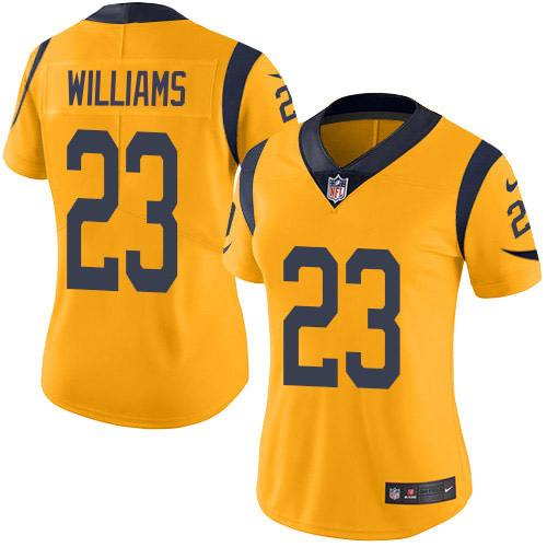 HighQuality Rams #23 Kyren Williams Gold Women's Stitched NFL Limited Rush Jersey With high demand Order now to wear your Rams pride