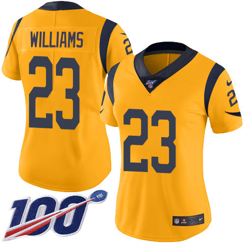 Amazing Rams #23 Kyren Williams Gold Women's Stitched NFL Limited Rush 100th Season Jersey Limited stock Order now to show your love for the Rams