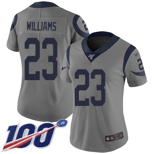Gorgeous Rams #23 Kyren Williams Gray Women's Stitched NFL Limited Inverted Legend 100th Season Jersey Collectors this is a must have Add this Rams item to your collection