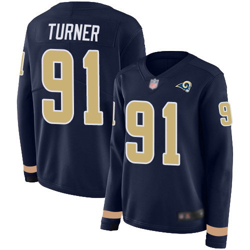 Outstanding Rams #91 Kobie Turner Navy Blue Team Color Women's Stitched NFL Limited Therma Long Sleeve Jersey Collectors this is a must have Add this Rams item to your collection