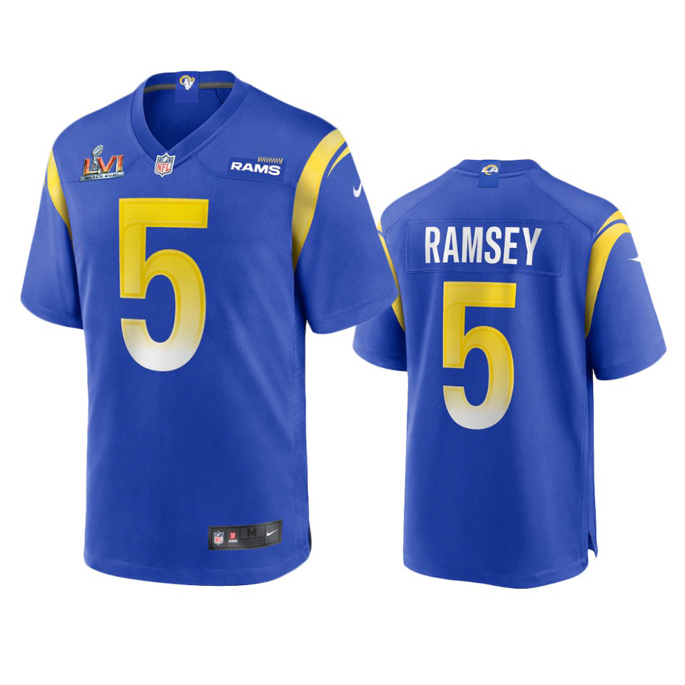 Delightful Los Angeles Rams #5 Jalen Ramsey Men's Super Bowl LVI Patch Game NFL Jersey Royal For a short time available Don't miss your chance to own Rams clothing