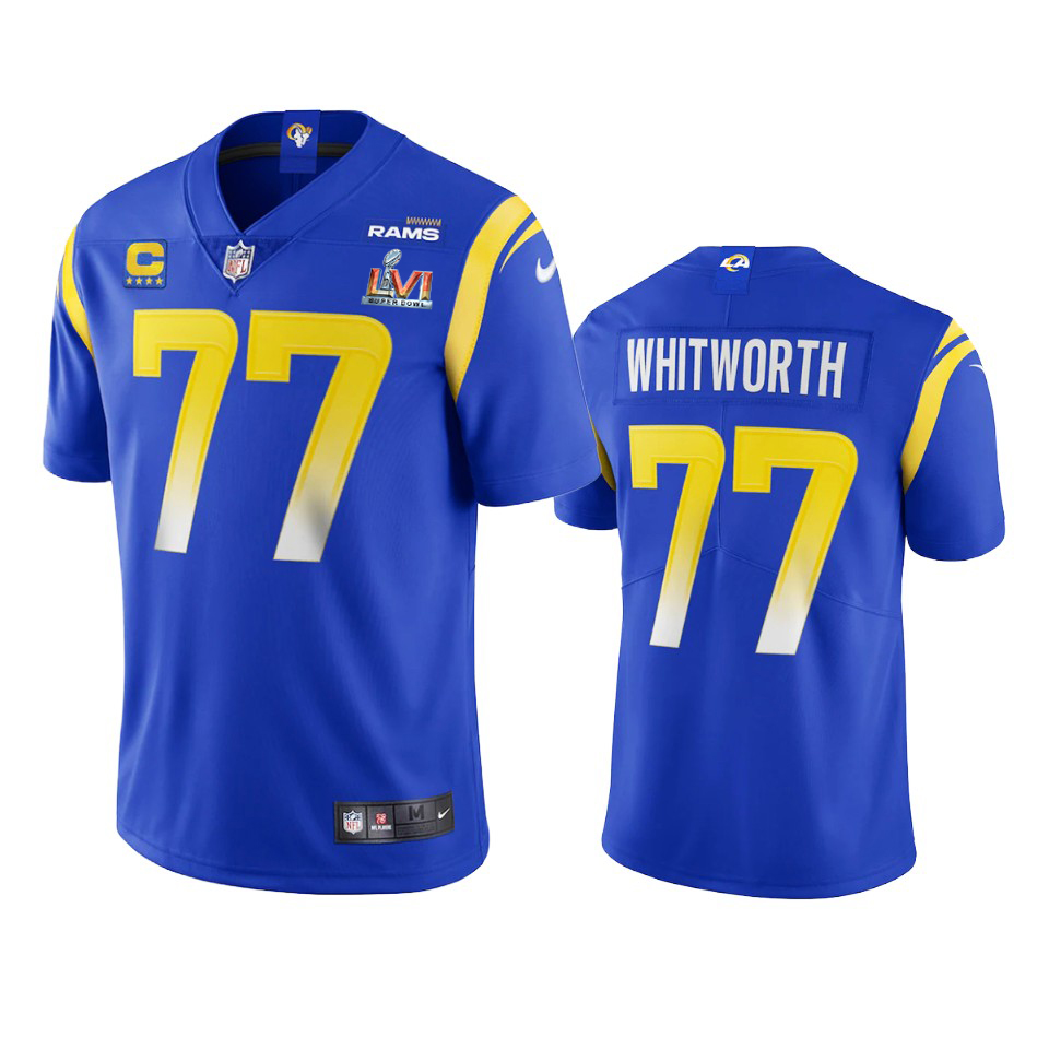 Outstanding Los Angeles Rams #77 Andrew Whitworth Men's Super Bowl LVI Patch Vapor Limited NFL Jersey Royal With high demand Order now to wear your Rams pride