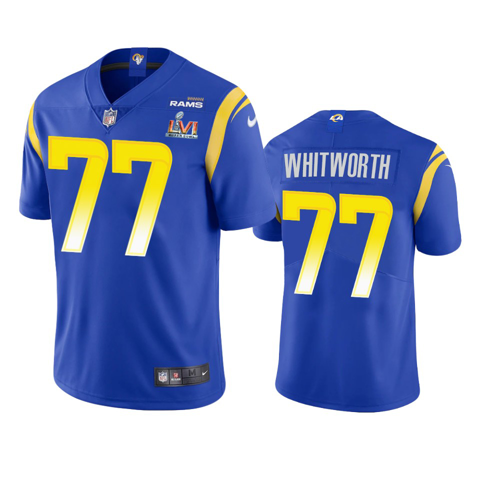 Stunning Los Angeles Rams #77 Andrew Whitworth Men's Super Bowl LVI Patch Vapor Limited NFL Jersey Royal With high demand Order now to wear your Rams pride