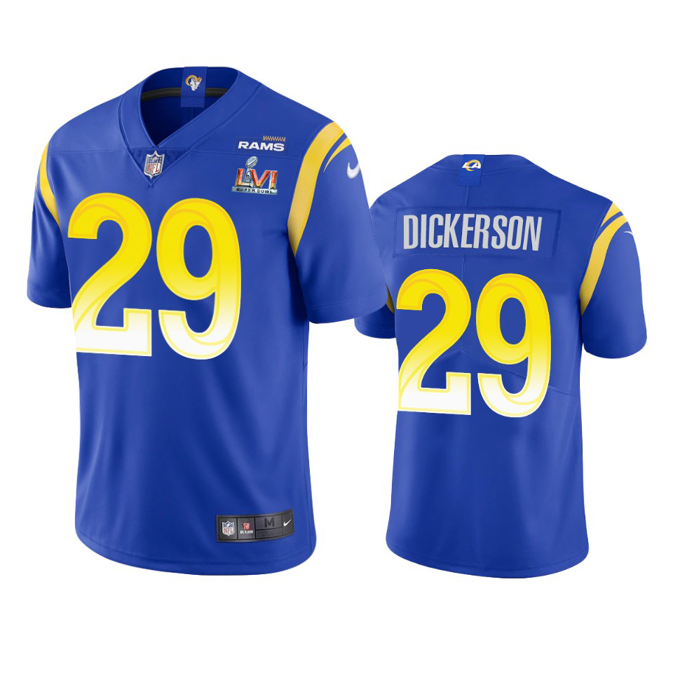 Gorgeous Los Angeles Rams #29 Eric Dickerson Men's Super Bowl LVI Patch Vapor Limited NFL Jersey Royal Retailers boost your inventory Order these popular Rams products