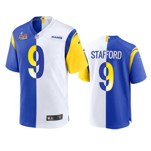 Exceptional Los Angeles Rams #9 Matthew Stafford Men's Super Bowl LVI Patch Royal White Split Game NFL Limited Jersey Retailers boost your inventory Order these popular Rams products