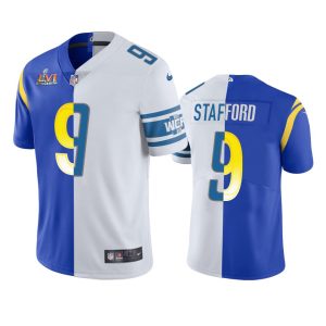 Amazing Los Angeles Rams #9 Matthew Stafford Men's Super Bowl LVI Patch Royal White Split Game NFL Limited Jersey Act fast Only a few left Secure your Rams apparel today