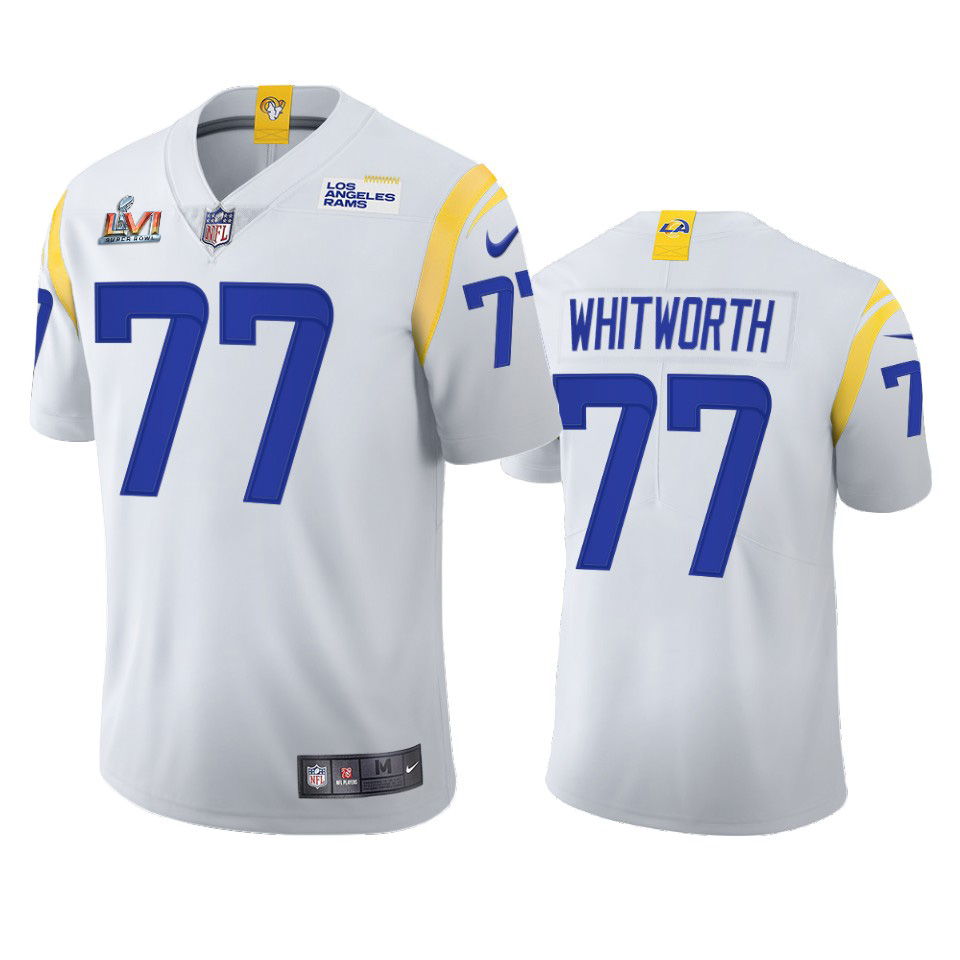 Exceptional Los Angeles Rams #77 Andrew Whitworth Men's Super Bowl LVI Patch 2021 Vapor Limited NFL Jersey White Retailers boost your inventory Order these popular Rams products
