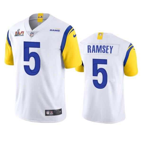 Premium Los Angeles Rams #5 Jalen Ramsey Men's Super Bowl LVI Patch Alternate Vapor Limited NFL Jersey White With high demand Order now to wear your Rams pride