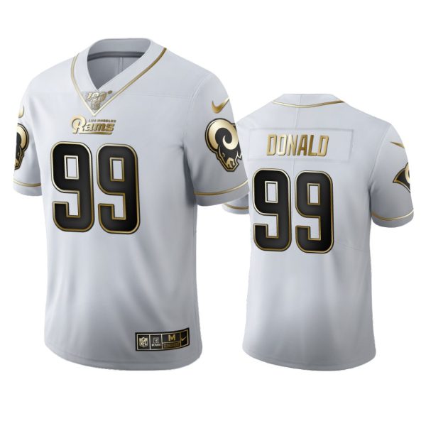 Premium Los Angeles Rams #99 Aaron Donald Men's White Golden Edition Vapor Limited NFL 100 Jersey Collectors this is a must have Add this Rams item to your collection