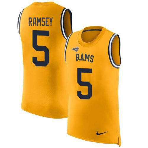 HighQuality Rams #5 Jalen Ramsey Gold Men's Stitched NFL Limited Rush Tank Top Jersey Hurry Exclusive offer Place your order for Rams gear immediately