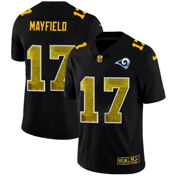 Superb Los Angeles Rams #17 Baker Mayfield Men's Black Golden Sequin Vapor Limited NFL Jersey Act fast Only a few left Secure your Rams apparel today