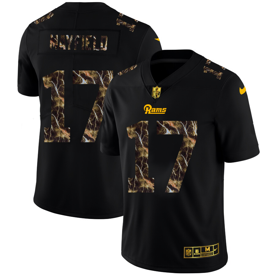 Exceptional Los Angeles Rams #17 Baker Mayfield Men's Black Flocked Lightning Vapor Limited NFL Jersey Sports fans this is your chance Order soon to support the Rams