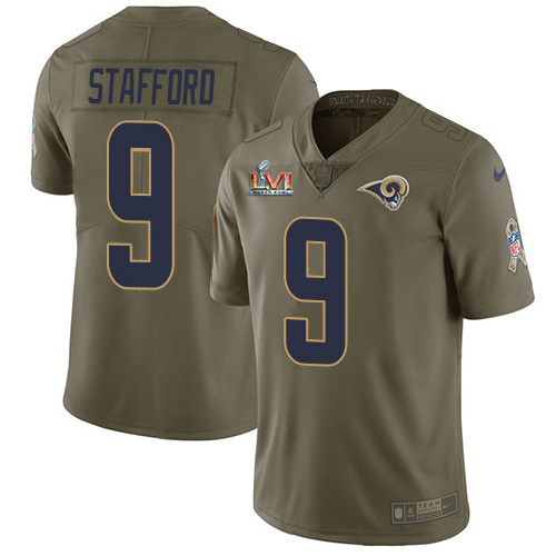 Fantastic Rams #9 Matthew Stafford Olive Super Bowl LVI Patch Men's Stitched NFL Limited 2017 Salute to Service Jersey For a short time available Don't miss your chance to own Rams clothing