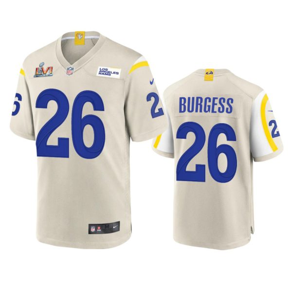 Stunning Los Angeles Rams #26 Terrell Burgess Men's Super Bowl LVI Patch Game NFL Jersey Bone Collectors this is a must have Add this Rams item to your collection