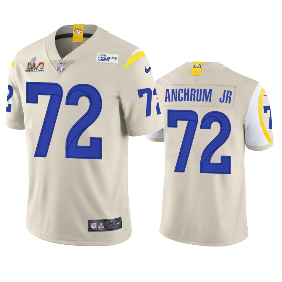 Stunning Los Angeles Rams #72 Tremayne Anchrum Jr. Men's Super Bowl LVI Patch Vapor Limited NFL Jersey Bone With high demand Order now to wear your Rams pride