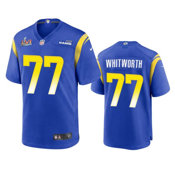 Stunning Los Angeles Rams #77 Andrew Whitworth Men's Super Bowl LVI Patch Game NFL Jersey Royal With high demand Order now to wear your Rams pride