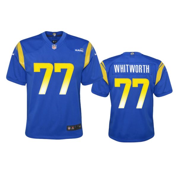 Amazing Los Angeles Rams #77 Andrew Whitworth Youth Game NFL Jersey Royal Collectors this is a must have Add this Rams item to your collection