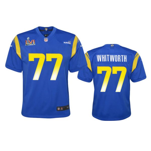 Fantastic Los Angeles Rams #77 Andrew Whitworth Youth Super Bowl LVI Patch Game NFL Jersey Royal Hurry Exclusive offer Place your order for Rams gear immediately