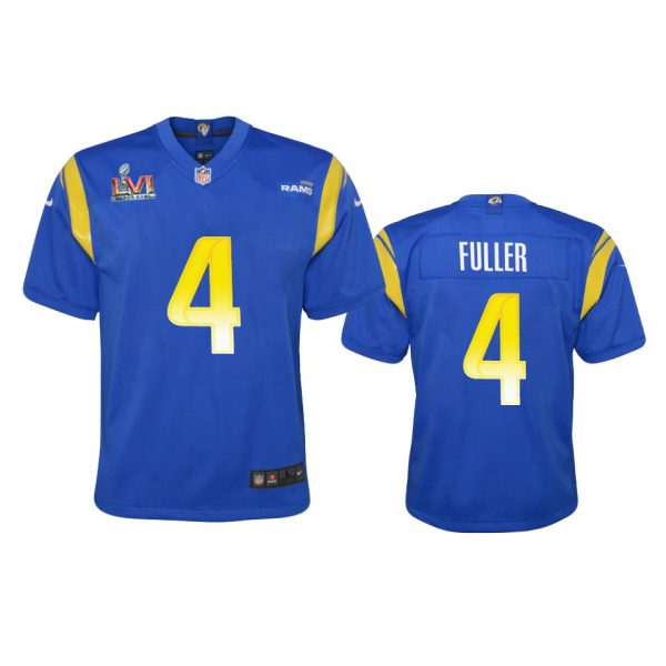 Gorgeous Los Angeles Rams #4 Jordan Fuller Youth Super Bowl LVI Patch Game NFL Jersey Royal Collectors this is a must have Add this Rams item to your collection