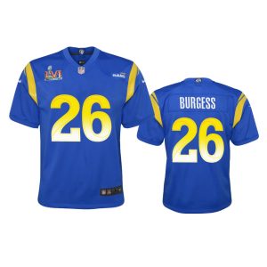Premium Los Angeles Rams #26 Terrell Burgess Youth Super Bowl LVI Patch Game NFL Jersey   Royal Retailers boost your inventory Order these popular Rams products
